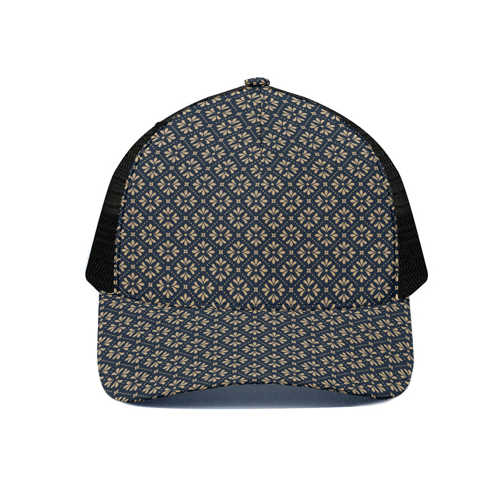 Geometric Floral Print Black Mesh Trucker Cap