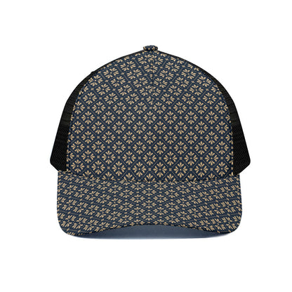 Geometric Floral Print Black Mesh Trucker Cap