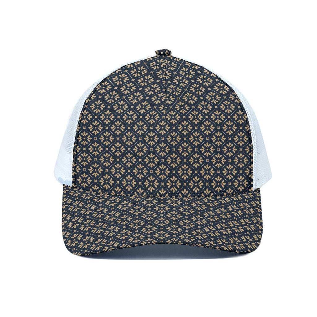 Geometric Floral Print White Mesh Trucker Cap
