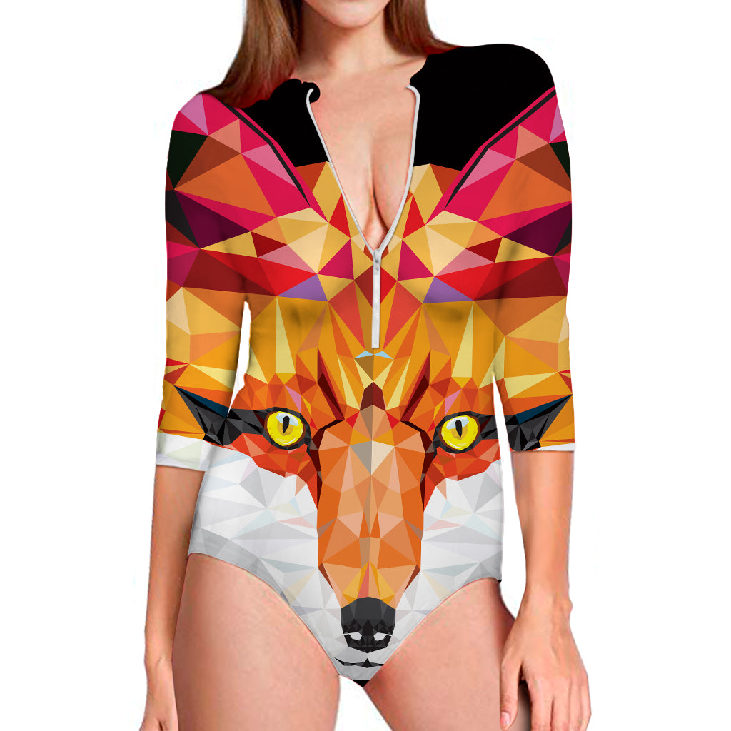 Geometric Fox Print Long Sleeve Swimsuit