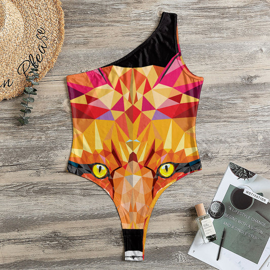 Geometric Fox Print One Shoulder Bodysuit