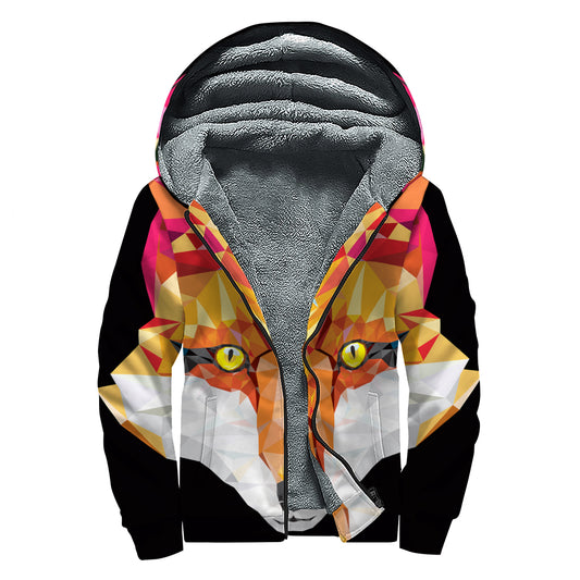 Geometric Fox Print Sherpa Lined Zip Up Hoodie
