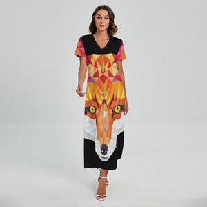 Geometric Fox Print Short Sleeve Maxi Dress