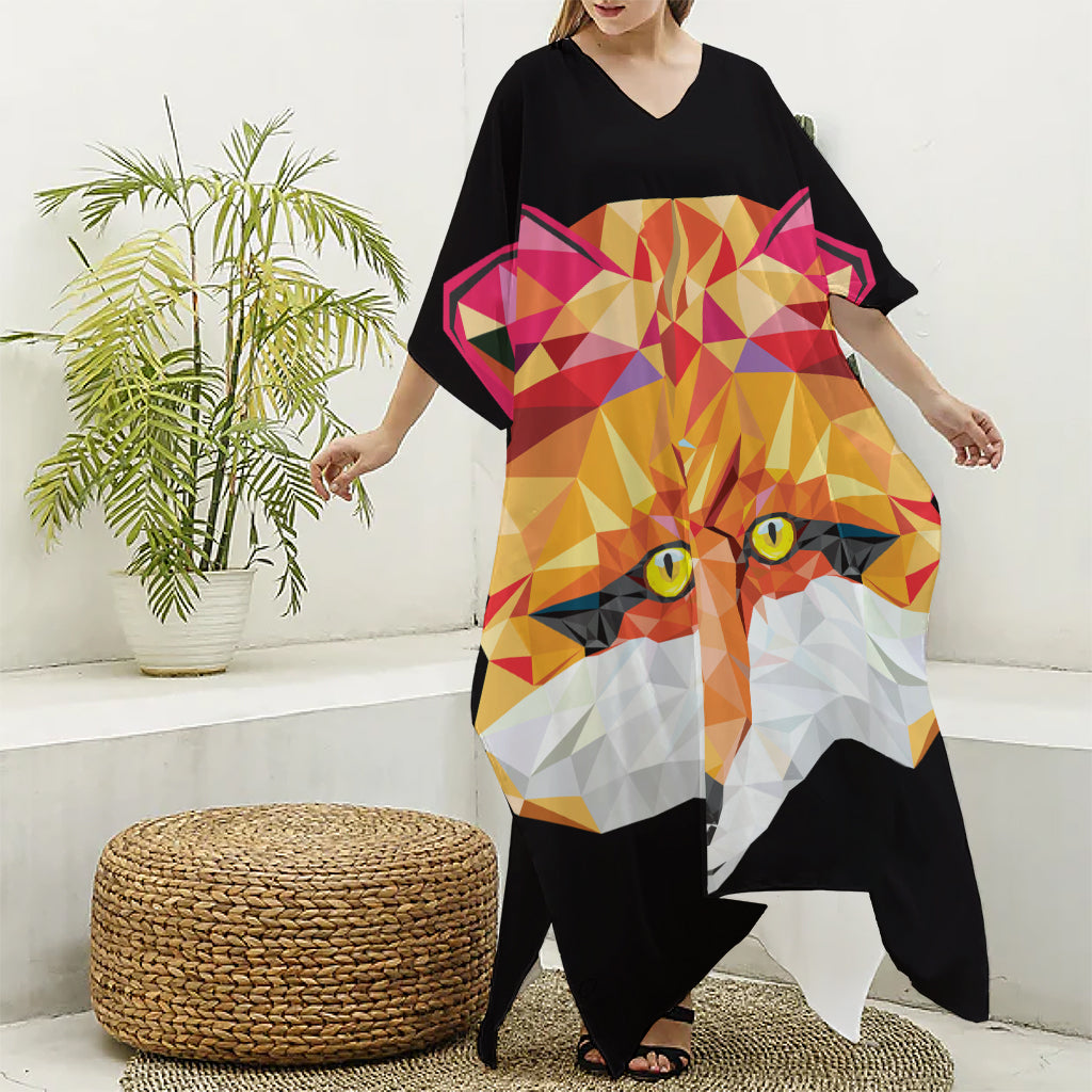 Geometric Fox Print Silk V-Neck Kaftan Dress
