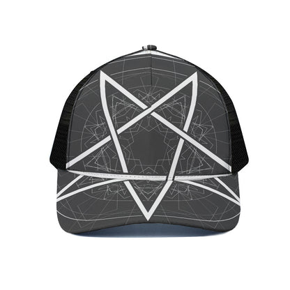 Geometric Inverted Pentagram Print Black Mesh Trucker Cap