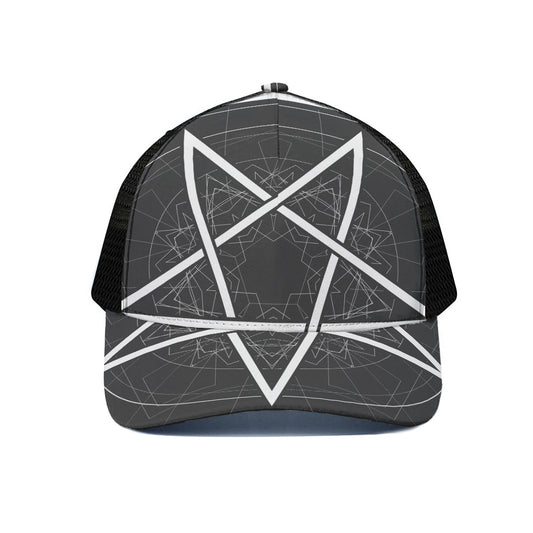 Geometric Inverted Pentagram Print Black Mesh Trucker Cap