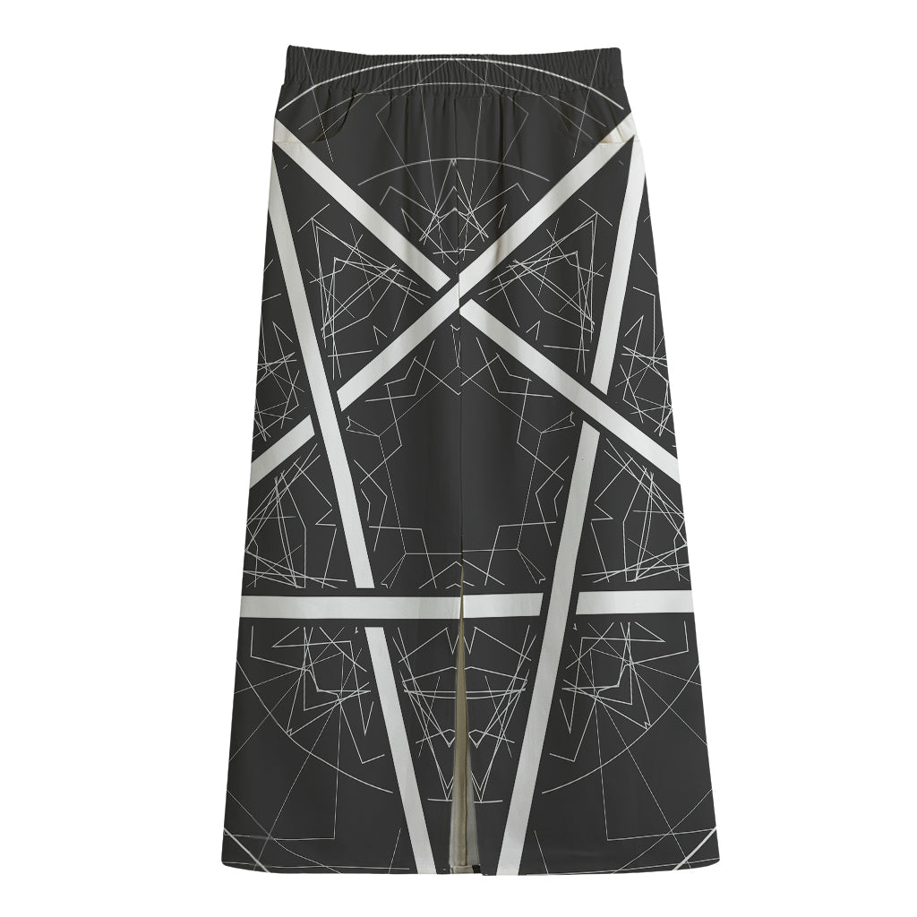 Geometric Inverted Pentagram Print Cotton Front Slit Maxi Skirt