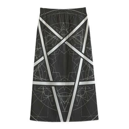 Geometric Inverted Pentagram Print Cotton Front Slit Maxi Skirt
