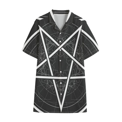 Geometric Inverted Pentagram Print Cotton Hawaiian Shirt