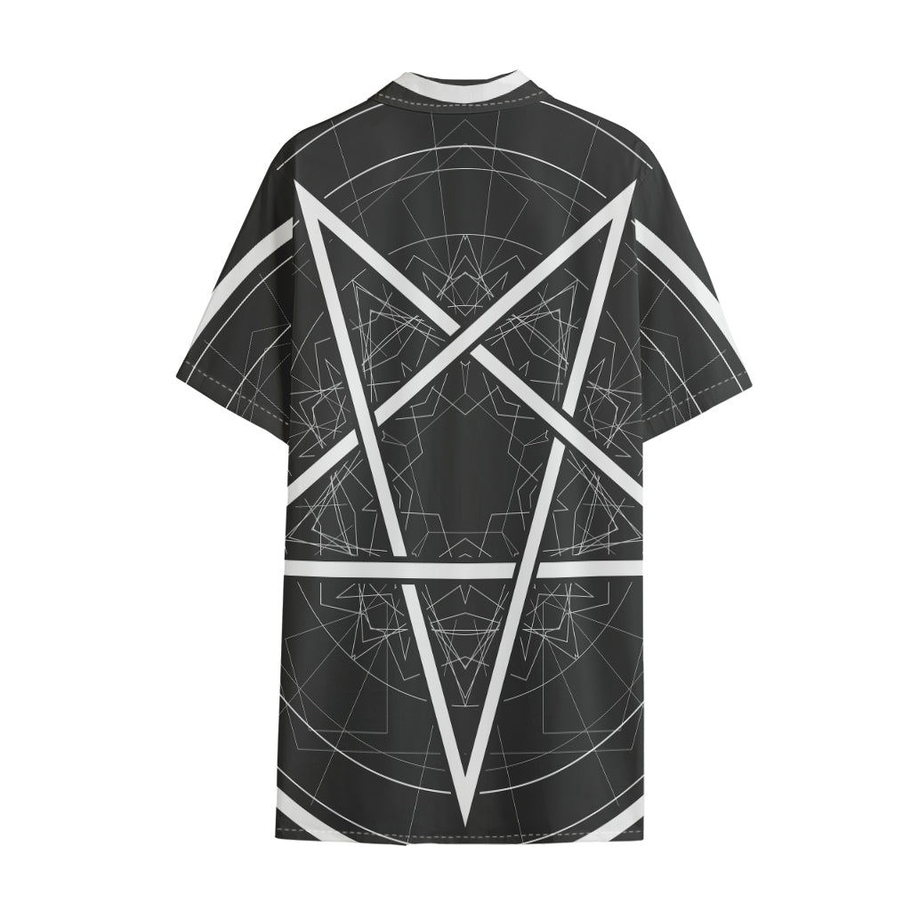 Geometric Inverted Pentagram Print Cotton Hawaiian Shirt
