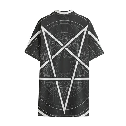 Geometric Inverted Pentagram Print Cotton Hawaiian Shirt