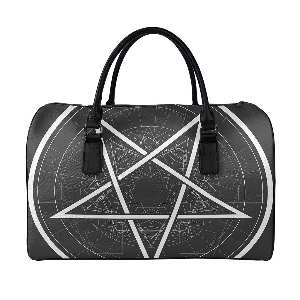 Geometric Inverted Pentagram Print Leather Duffle Bag