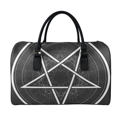 Geometric Inverted Pentagram Print Leather Duffle Bag