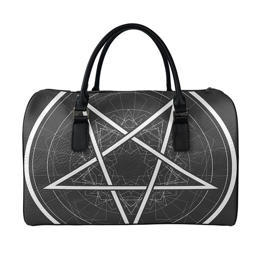 Geometric Inverted Pentagram Print Leather Duffle Bag
