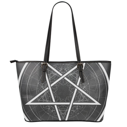 Geometric Inverted Pentagram Print Leather Tote Bag