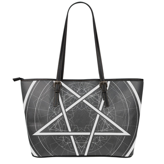 Geometric Inverted Pentagram Print Leather Tote Bag