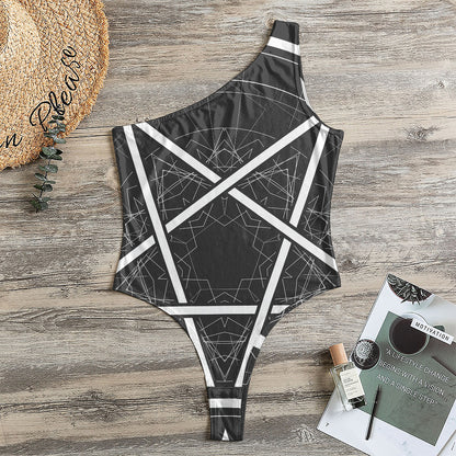Geometric Inverted Pentagram Print One Shoulder Bodysuit