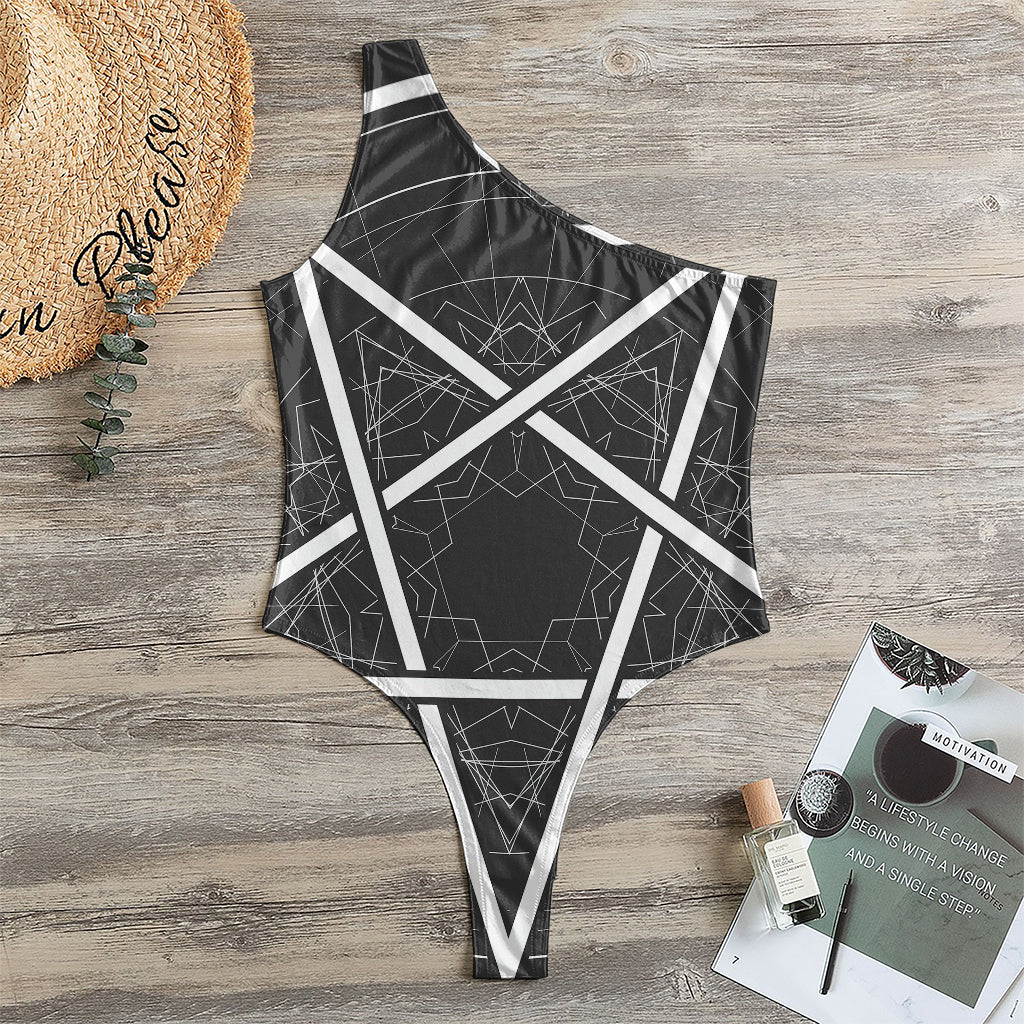 Geometric Inverted Pentagram Print One Shoulder Bodysuit