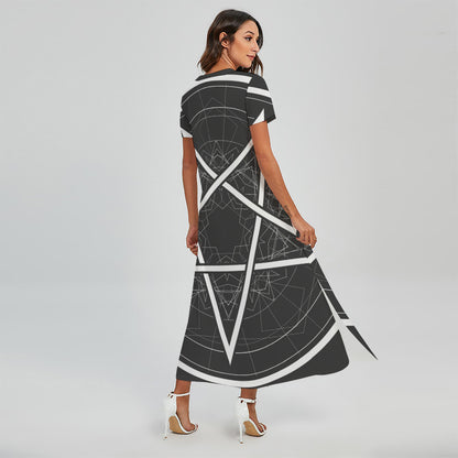 Geometric Inverted Pentagram Print Short Sleeve Maxi Dress