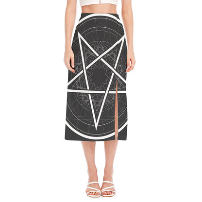 Geometric Inverted Pentagram Print Side Slit Midi Skirt