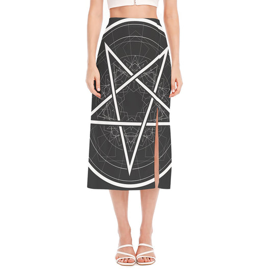 Geometric Inverted Pentagram Print Side Slit Midi Skirt