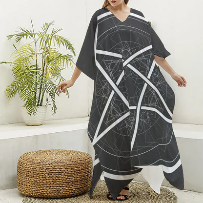 Geometric Inverted Pentagram Print Silk V-Neck Kaftan Dress