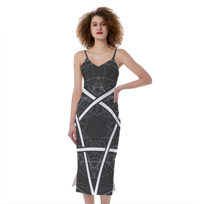 Geometric Inverted Pentagram Print Slim Fit Midi Cami Dress