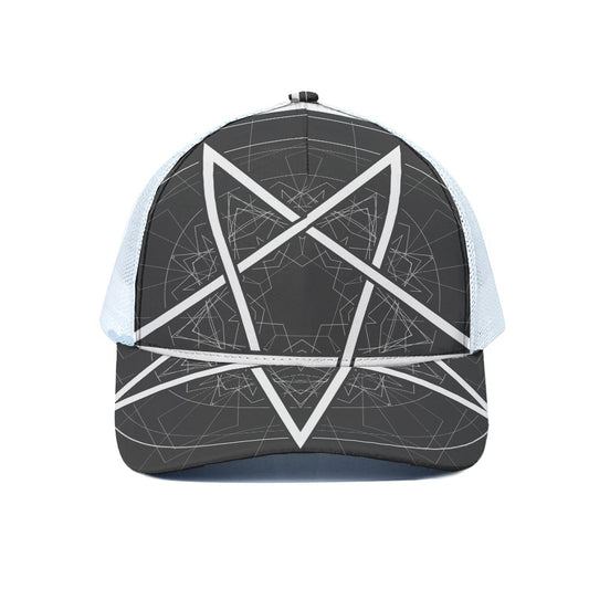 Geometric Inverted Pentagram Print White Mesh Trucker Cap