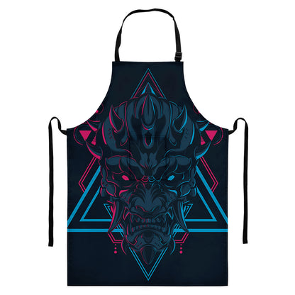 Geometric Japanese Demon Print Bib Apron With Pocket