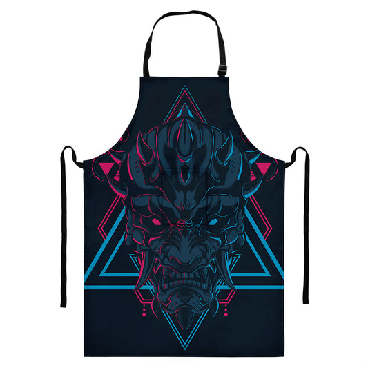 Geometric Japanese Demon Print Bib Apron With Pocket