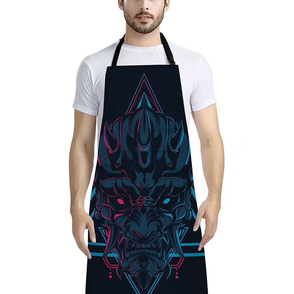 Geometric Japanese Demon Print Bib Apron With Pocket