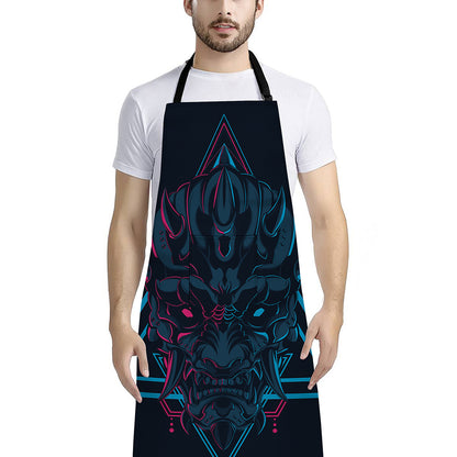 Geometric Japanese Demon Print Bib Apron With Pocket