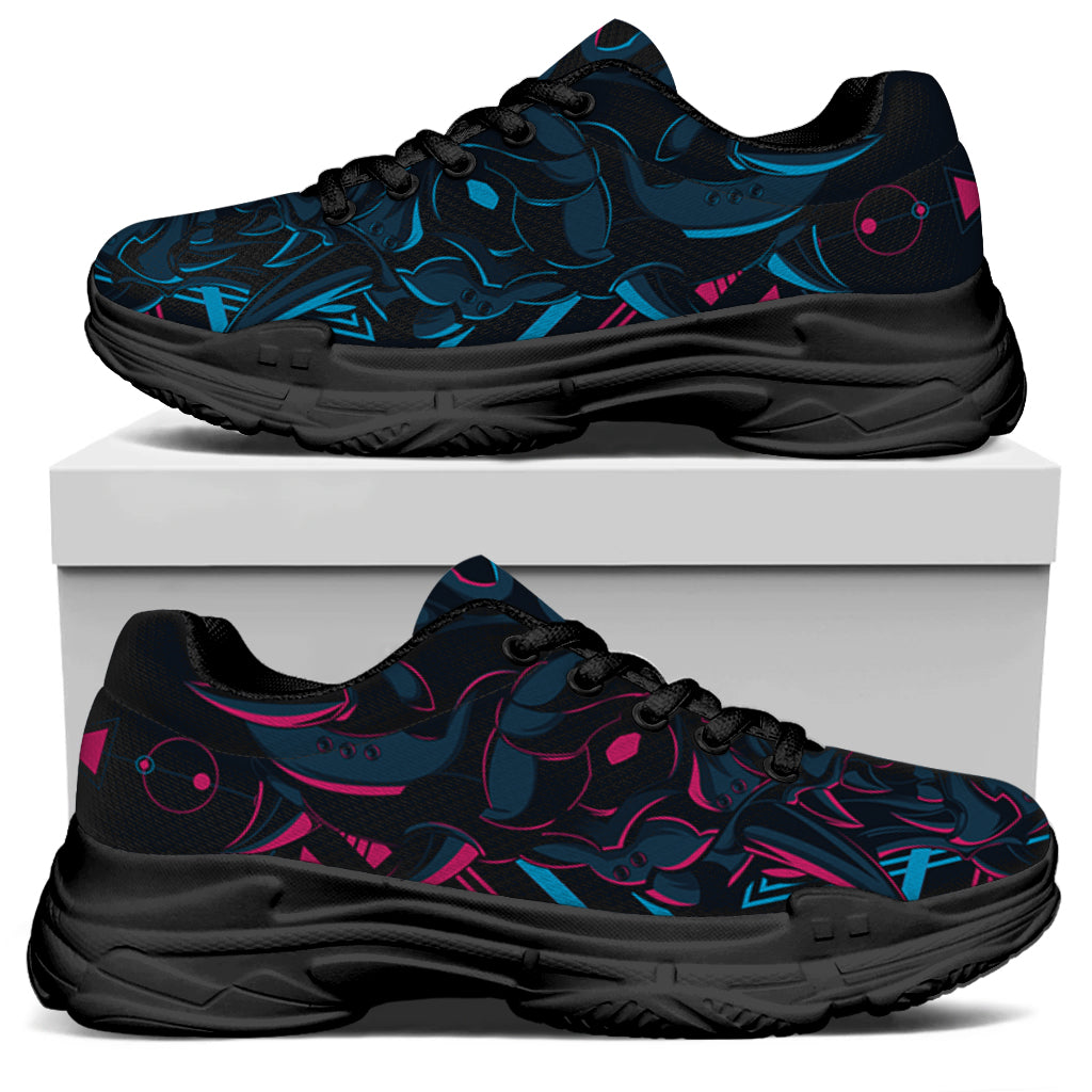 Geometric Japanese Demon Print Black Chunky Shoes