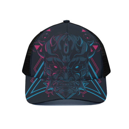 Geometric Japanese Demon Print Black Mesh Trucker Cap