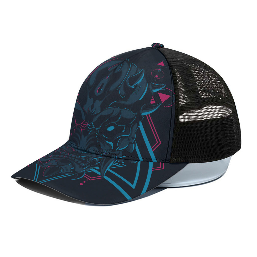 Geometric Japanese Demon Print Black Mesh Trucker Cap