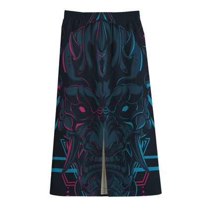 Geometric Japanese Demon Print Cotton Front Slit Maxi Skirt