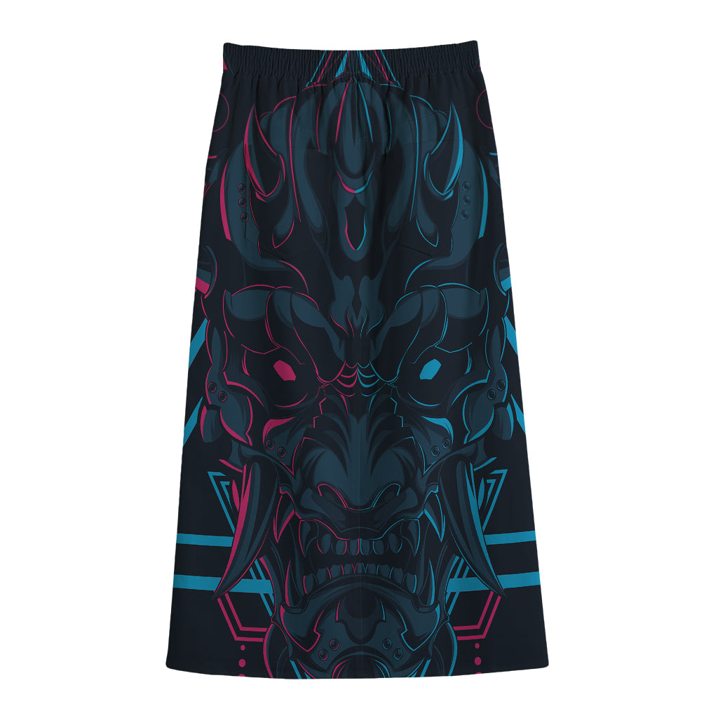 Geometric Japanese Demon Print Cotton Front Slit Maxi Skirt
