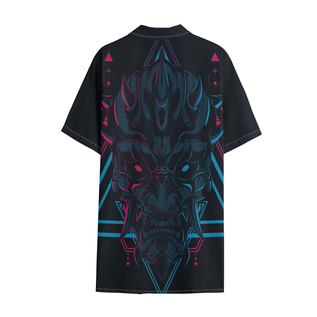 Geometric Japanese Demon Print Cotton Hawaiian Shirt