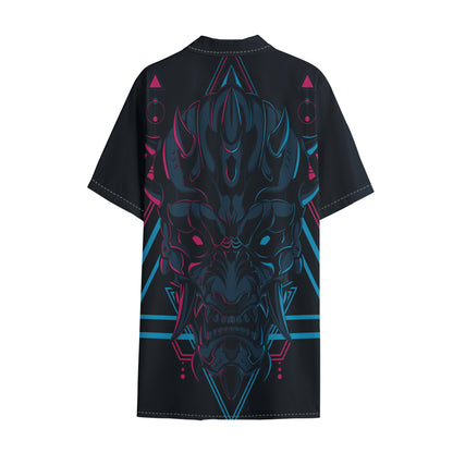 Geometric Japanese Demon Print Cotton Hawaiian Shirt