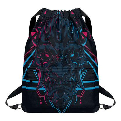 Geometric Japanese Demon Print Drawstring Backpack