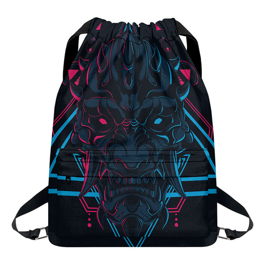 Geometric Japanese Demon Print Drawstring Backpack