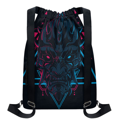Geometric Japanese Demon Print Drawstring Backpack