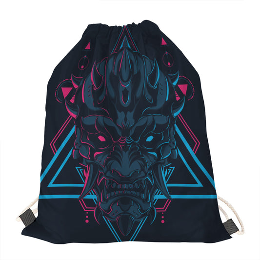 Geometric Japanese Demon Print Drawstring Bag