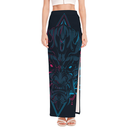 Geometric Japanese Demon Print High Slit Maxi Skirt