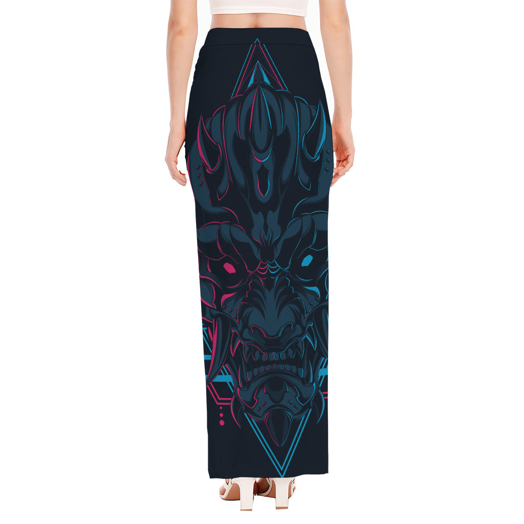 Geometric Japanese Demon Print High Slit Maxi Skirt