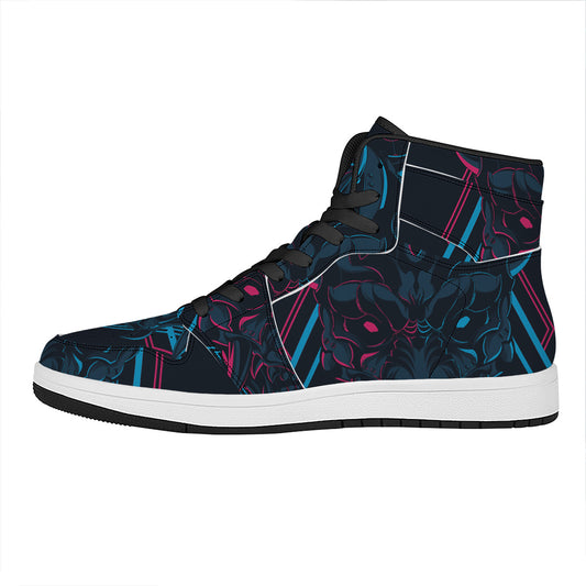 Geometric Japanese Demon Print High Top Leather Sneakers