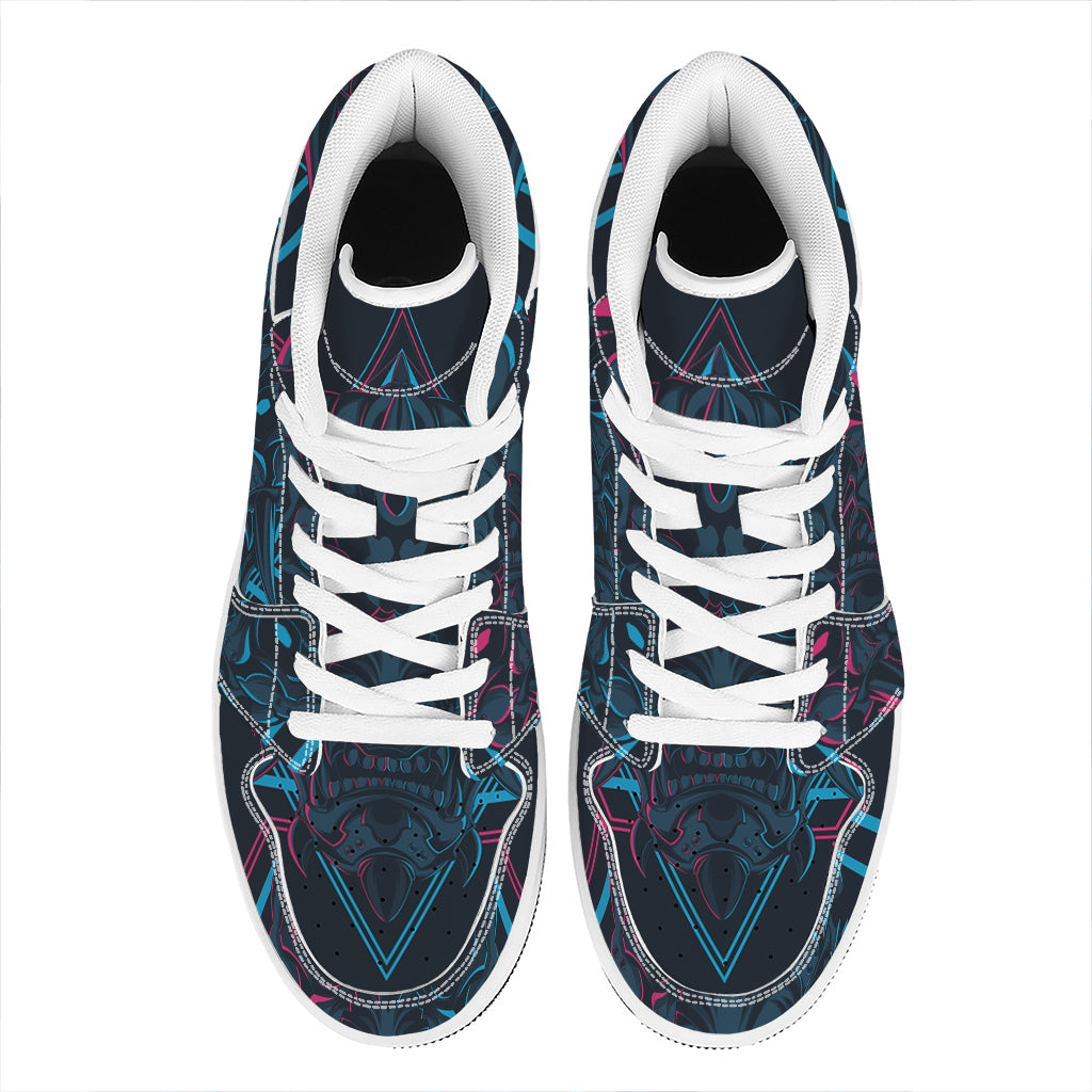 Geometric Japanese Demon Print High Top Leather Sneakers