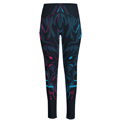 Geometric Japanese Demon Print High-Waisted Pocket Leggings