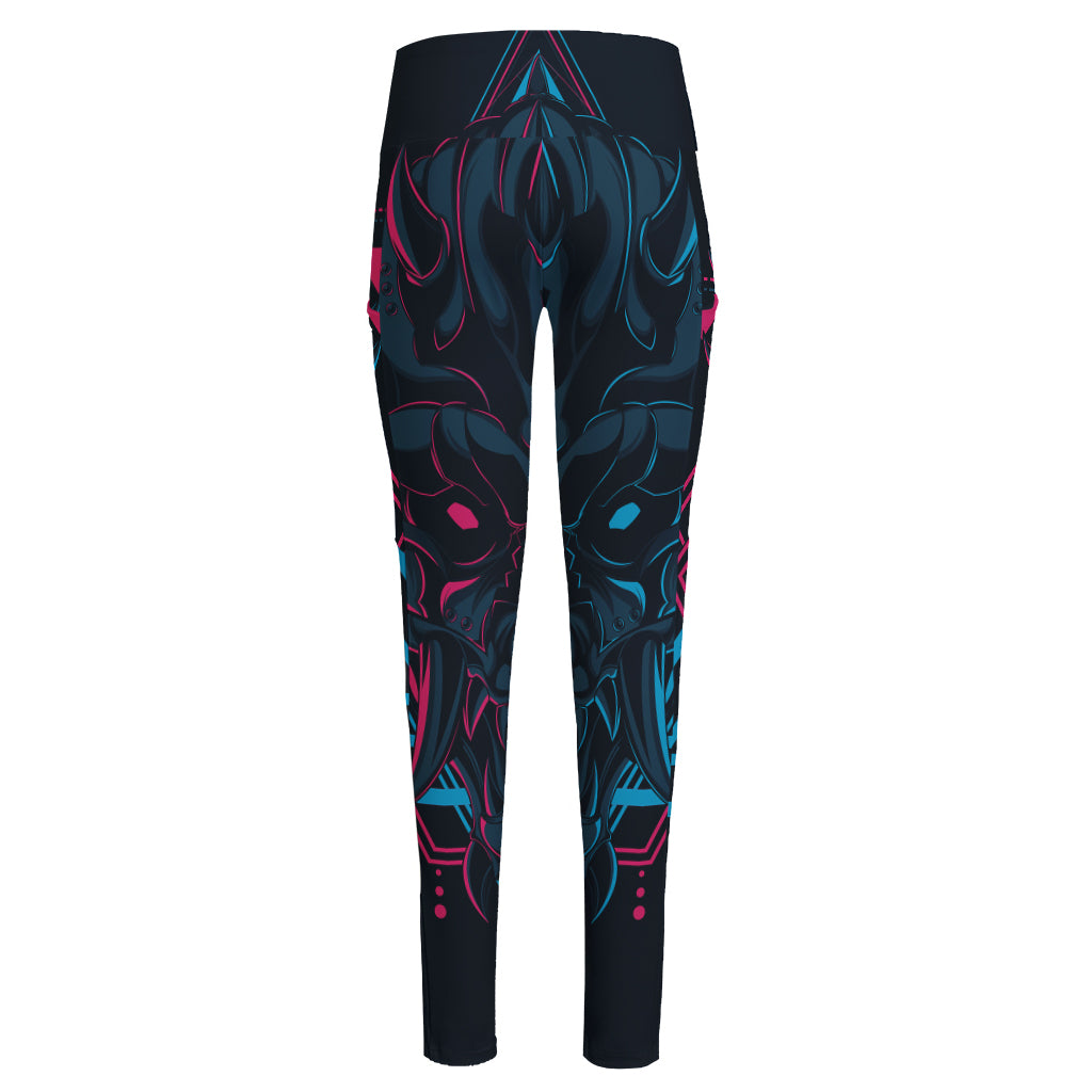 Geometric Japanese Demon Print High-Waisted Pocket Leggings