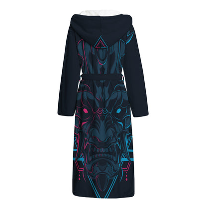 Geometric Japanese Demon Print Hooded Bathrobe